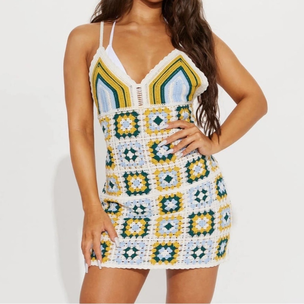 Retro Green & White Crochet Cover Up Mini Dress